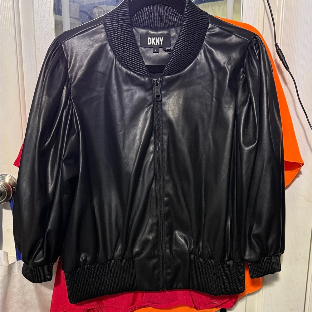 DKNY Black Faux Leather Bomber Jacket